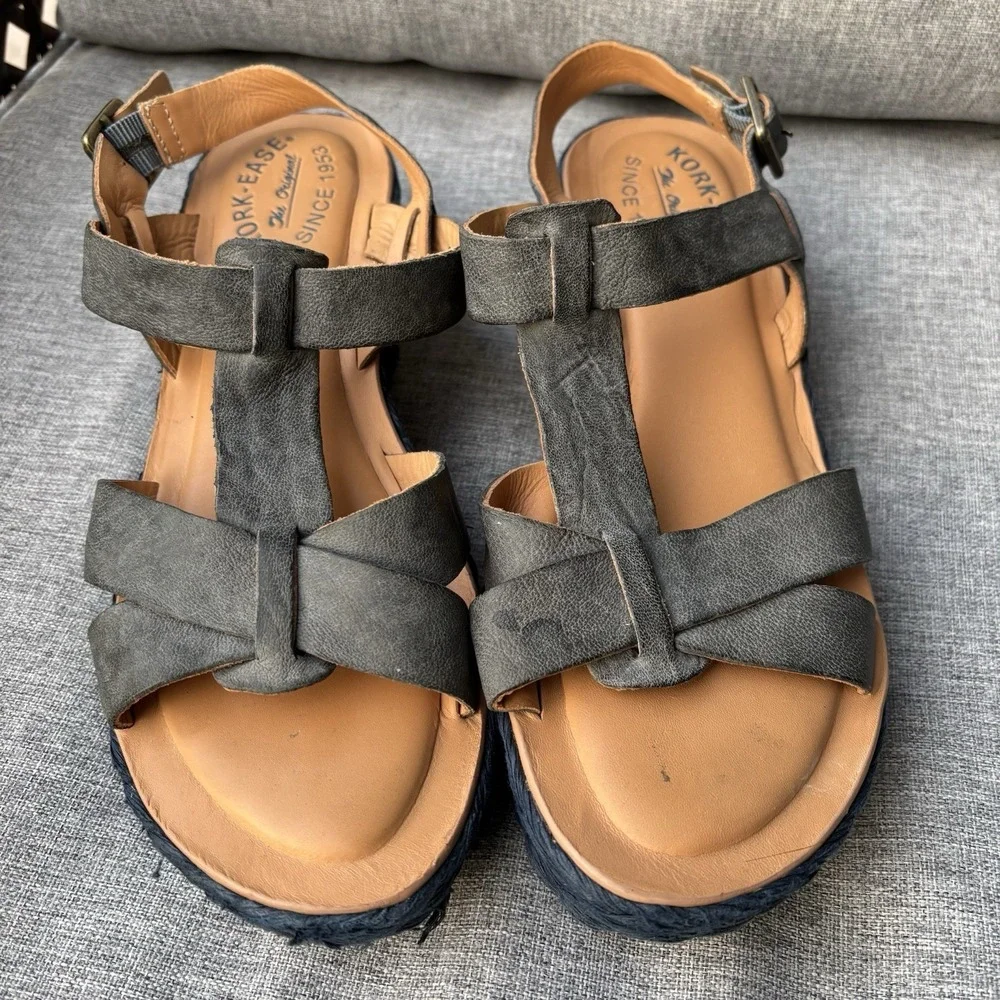 Kork-Ease Ande Sz 8 Espadrille Navy Leather Platform‎ Sandals Comfort